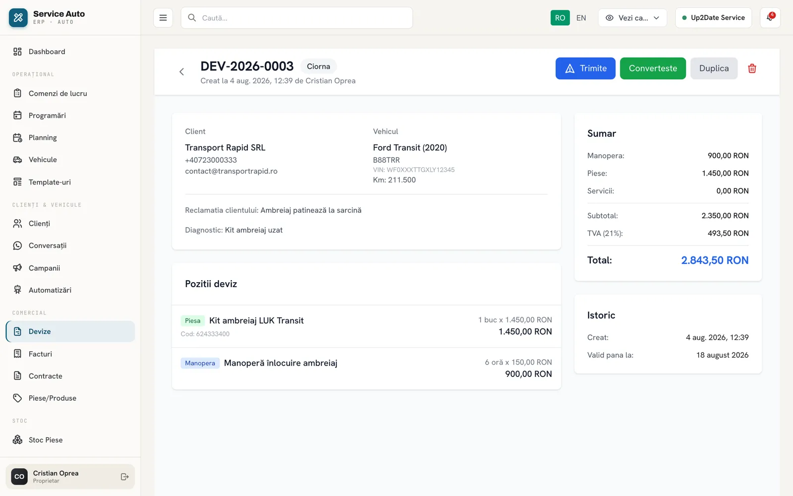 Deviz auto în Service Auto ERP cu poziții, coduri piese și total, gata de trimis pe WhatsApp