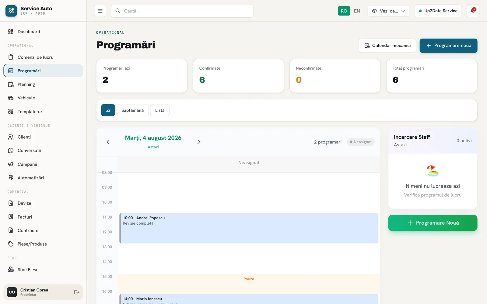 Calendar de programări în Service Auto ERP pe zi, cu programările service-ului